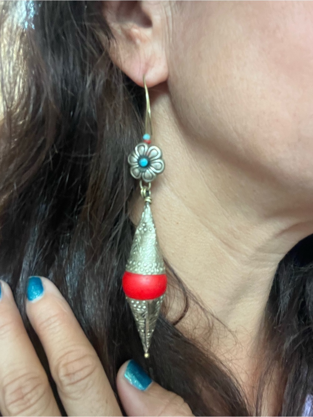 Handcrafted Silver-Tone Afghan Kuchi Tribal Boho Drop Earrings with Red Bead